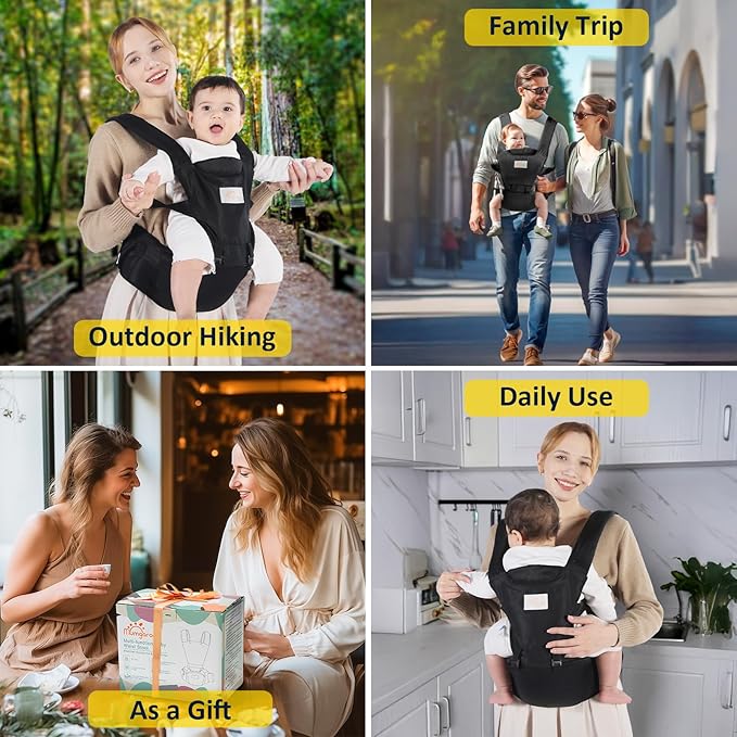 Baby Carrier with Hip Seat, 6-in-1 Baby Carrier Newborn to Toddler, Detachable Hands-Free Infant Carrier, One Size Fits All, All Seasons, Black