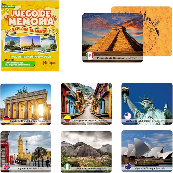 Menique Explore The World Memory Matching Game – Spanish Edition – 100 Cards (50 Pairs) with Iconic Landmarks, Country & Flag – Educational Geography Game in Spanish.
