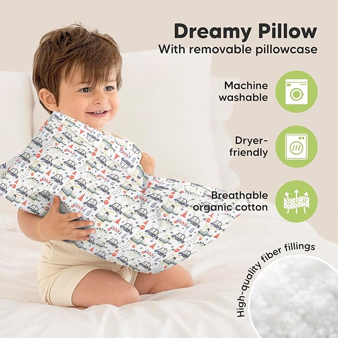 Toddler Pillow with Pillowcase - 13x18 My Little Dreamy Kids Travel Bed Pillows for Sleeping, Organic Cotton Small Pillowcase, Soft & Breathable, Machine Washable, Toddlers 2-5 years old (Dino Patrol)