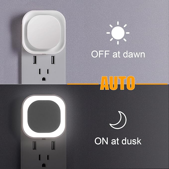 2 Pack Daylight White Night Light, Gentle Eye-Care with Dimmable Wide-Glow & Indirect Reflection, Auto Dusk to Dawn Sensor, Plug in for Kitchen Counter, Garage Workshop, Laundry, Hallway