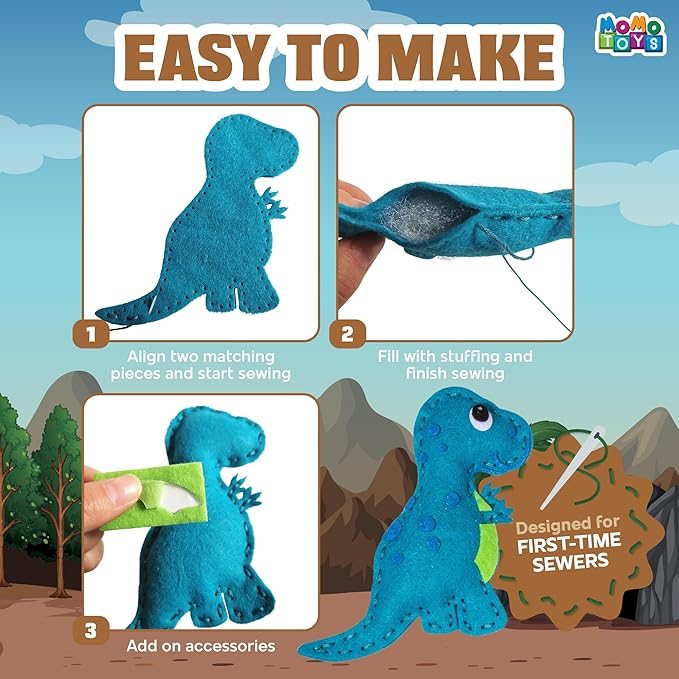 MOMOTOYS Dinosaurs World Beginner Sewing Kit for Kids Ages 7+ – Includes 9 Kids Sewing Projects w/Tools & Art Supplies – DIY Felt Crafts for Girls & Boys, Gifts for 7, 8, 9, 10, 11, 12 Year Old