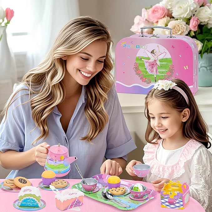 Tea Party Set for Toddles 3-5,53PCS Musical Kids Tea Set for Little Girls with Dessert,Cookies,Doughnut,Cake,Cake Stand,Tablecloth & Carrying Case,Kitchen Pretend Play Toys for Girls Boys Age 3-6