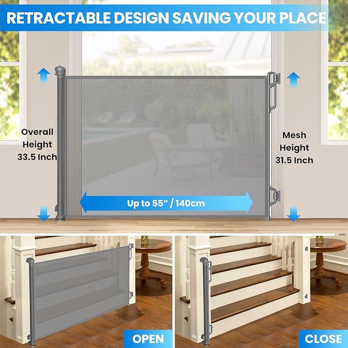 Retractable Baby Gate for Stairs & Doorways - 55" Wide Portable Safety Gate | Fits Baseboards, Easy to Use Indoor/Outdoor | Mesh Gate for Dogs, Puppies, Gray