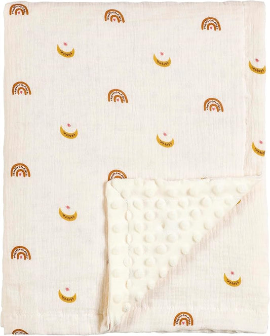 CREVENT 30''X40'' Organic Muslin Cotton Baby Blanket for Newborns, Soft Mink Backing, Essential for Baby Shower Birthday Gift - Moon 75X100cm