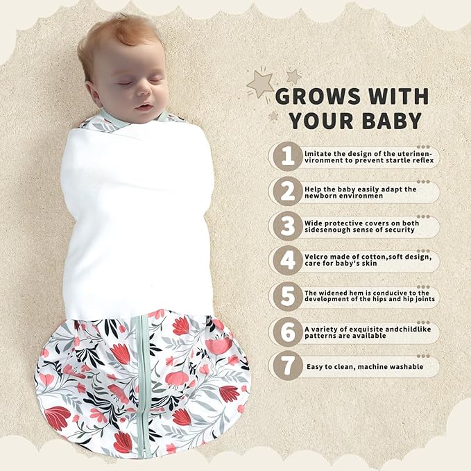 Newborn Sleep Sack Baby Swaddle,3-Way Adjustable Wearable Blanket,100% Rayon Cotton Swaddling sleeping bag. (Banana&Flower, 3-6 Months)