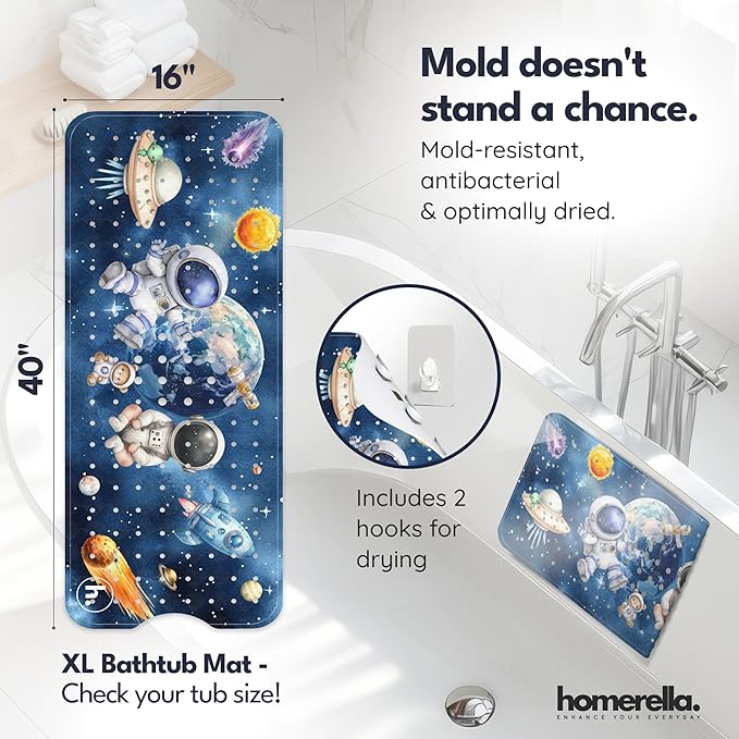 Homerella Baby Bath Tub Mat | Anti Mold Mildew Resistant Non Slip Kids and Adult Bath Tub Shower Mats | 40x16 inch Long with Suction Cups for Secure Grip Hooks for Storage & Drying | Machine Washable