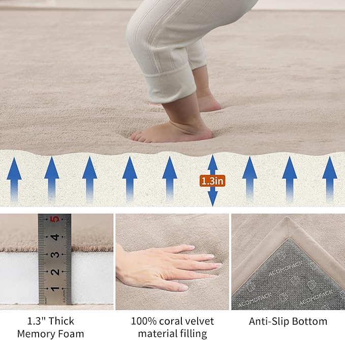 ACOMOPACK Baby Play Mat for Floor,1.3" Thick Memory Foam Area Rug for Living Room,Soft Velvet Crawling with Non-Slip Bottom for Kid,Toddler,39"×59" Tummy Time Nursery Rugs,Yoga（Beige）