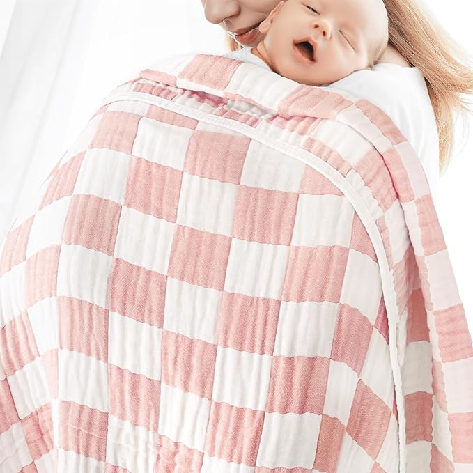 Muslin Swaddle Blankets Neutral, Baby Swaddling Wrap Nursery Blanket for Boys & Girls Unisex, Soft 70% Cotton and 30% Rayon, Large 43 x 43 inches Light Pink Chessboard