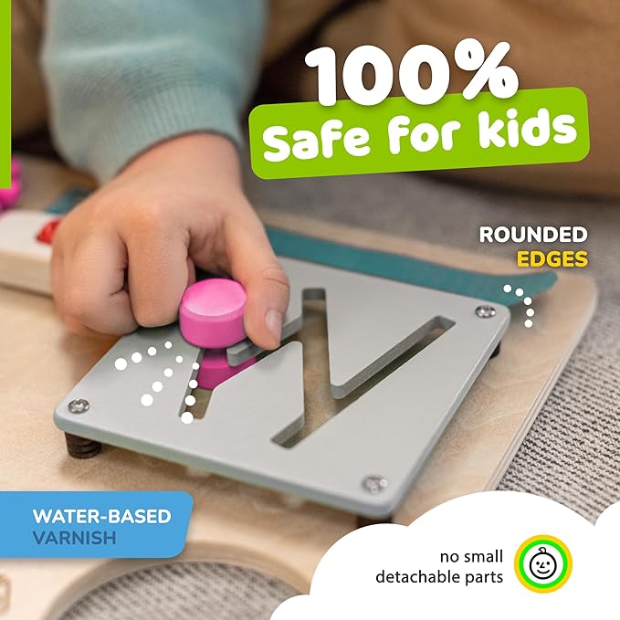 deMoca Sensory Busy Board for Toddlers, Premium Wooden Toddler Busy Board for 1 2 3 Year Old with 10 Educational Activities for Fine Motor Skills, Fidget Activity Toy for Travel Toy (Coral - Large)