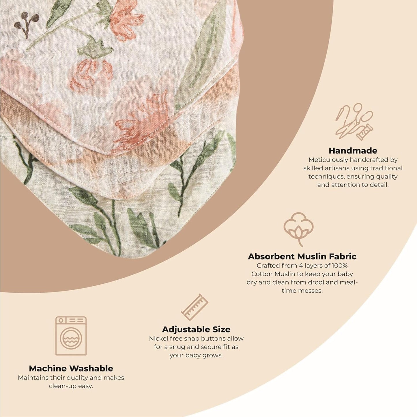 Crane Baby Soft Muslin Baby Bib Set, Adjustable and Absorbent Bandana Style Bibs for Boys and Girls, Floral, 3 Piece, 18.5” x 9”