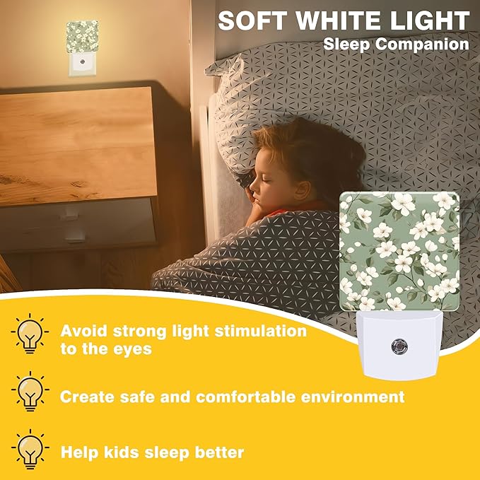 Night Light White and Green Flowers Night Lights Plug into Wall Smart Dusk to Dawn Sensor 0.5W Energy Efficient Led Lamp for Men Women Bedroom Bathroom Hallway Stairway Decor