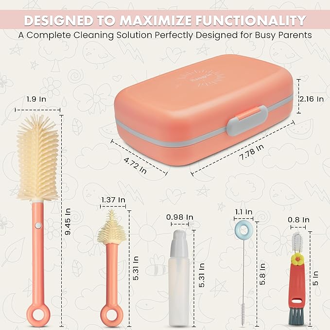 10-in-1 Baby Bottle Cleaner Brush Set – Travel-Friendly Kit with Silicone Bottle Cleaning Brush, Nipple & Straw Brushes, Soap Dispenser, Baby Bottle Drying Rack, Portable Bottle Cleaning Kit