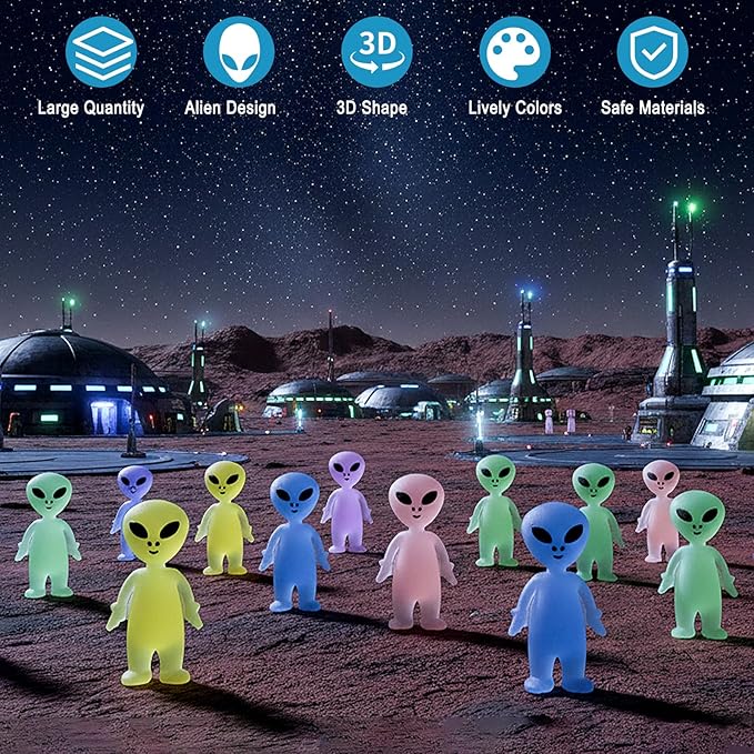 40 Pcs Glow in The Dark Mini Alien Figures Set with Card and Gift Bag for Space Birthday Party Favors Halloween Little Small Tiny Alien Figurines Statue for Hide and Seek (Colorful)