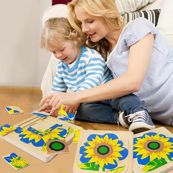 Montessori Wooden Puzzles for Kids Ages 4-8, 4 Layer Life Cycle Of Sunflower Jigsaw Puzzle for Toddlers, Children Preschool Learning Educational Puzzles Summer Toys Gift for Boys and Girls (Sunflower)