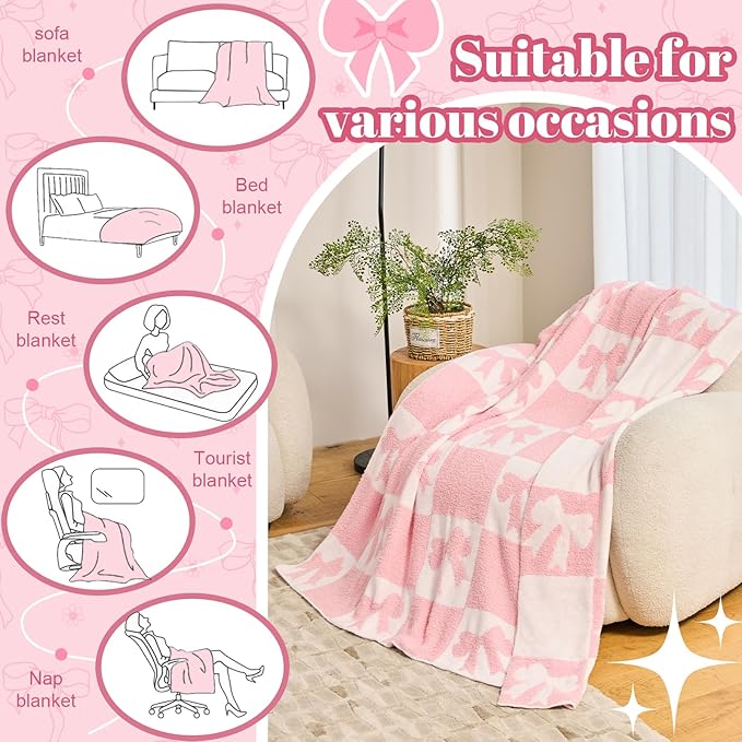 Pink Bow Blanket Cozy Knitted Bow Checkered Throw for Baby Girls, Reversible Pattern Bows Gift, Coquette Pink Bows Bedding Stuff Decor Blankets 50x60 Inches
