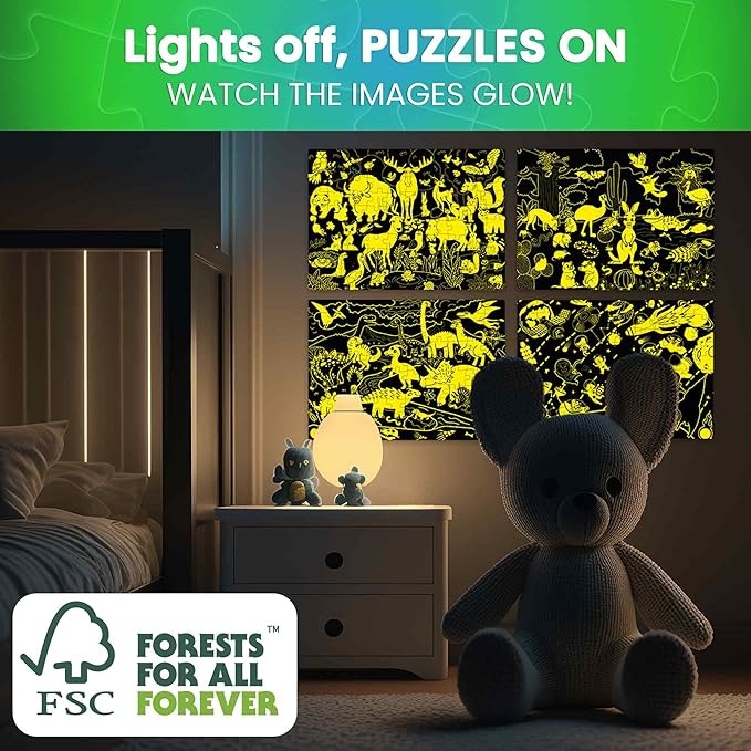QUOKKA 4x100 Piece Puzzles for Kids Ages 6-8 – Glow-in-The-Dark Puzzles for Kids 8-10 – Space, Dinosaurs, Animals – Fun Educational Puzzle for Boys & Girls – Learning Games & Space Toys Gift for Kid