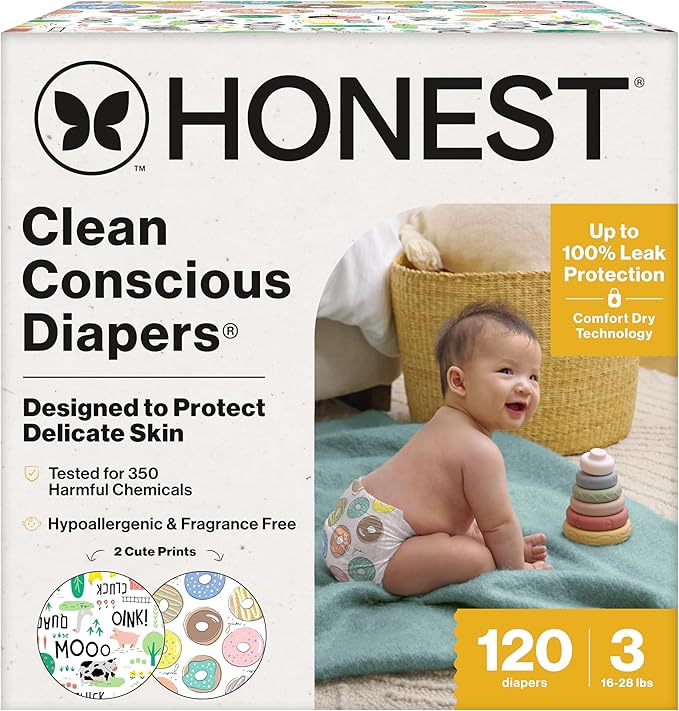 The Honest Company Clean Conscious Diapers for Sensitive Skin, Up to 100% Leakproof Hypoallergenic Fragrance-Free Baby Diapers, Gender Neutral Prints, Super Club Box, Size 3 (16–28 lbs), 120 Count