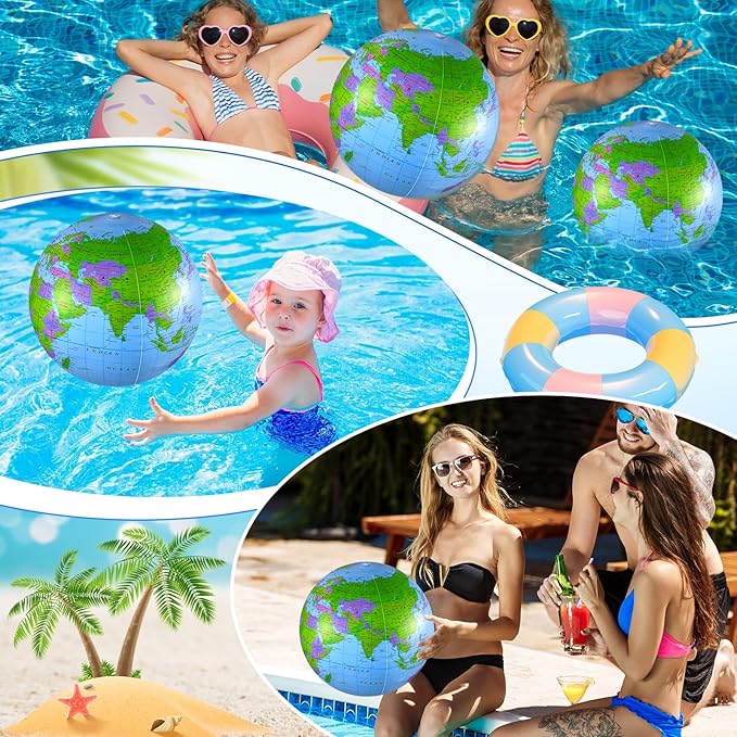 2 Pack Inflatable Globe Blow up World Globe Beach Ball 16 Inch Inflatable Earth Beach Ball for Beach Playing or Teaching, Party Bags, Summer Pool Party, PVC Material