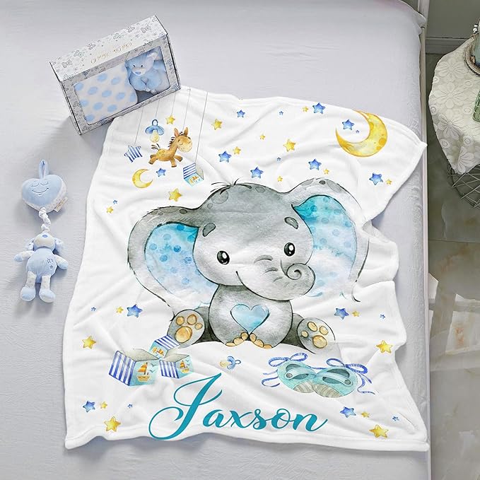 J&SBGFT Custom Baby Blanket with Name, Elephant Receiving Blanket for Toddlers Kids Nursery Stroller Crib Cuddles