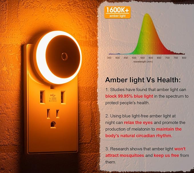 Amber Night Light Plug in, Dusk to Dawn Sensor, Blue Light Blocking, Automatic Nightlight, Energy Efficient, 2 Pack LED Night Lights Plug into Wall, for Bathroom, Bedroom, Kitchen, Hallway, Stairway