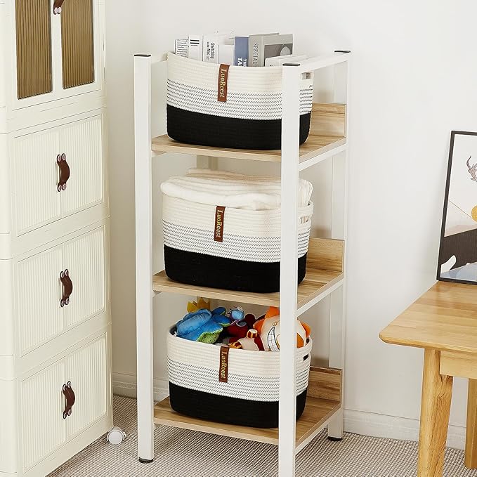 15"x10"x9" Storage Basket (3 Pack), Woven Baskets for Shelves, Blanket Storage for Living Room, Toy Basket for Nursery, 100% Cotton Rope, Safe for Baby