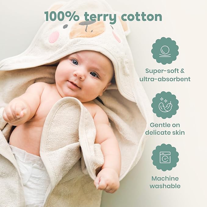 CuddleBug Hooded Baby Bath Towel & Washcloth Set (Bear) - 100% Cotton Terrycloth Hooded Baby Towels for Newborn & Toddler, Super-Soft & Ultra-Absorbent, Newborn Essentials (30" x 30") - Honey Beige