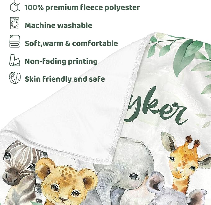 J&SBGFT Personalized Baby Blanket - Custom Baby Blanket with Name - Receiving Blankets for Toddler's Nursery, Stroller, Crib; Safari Animal