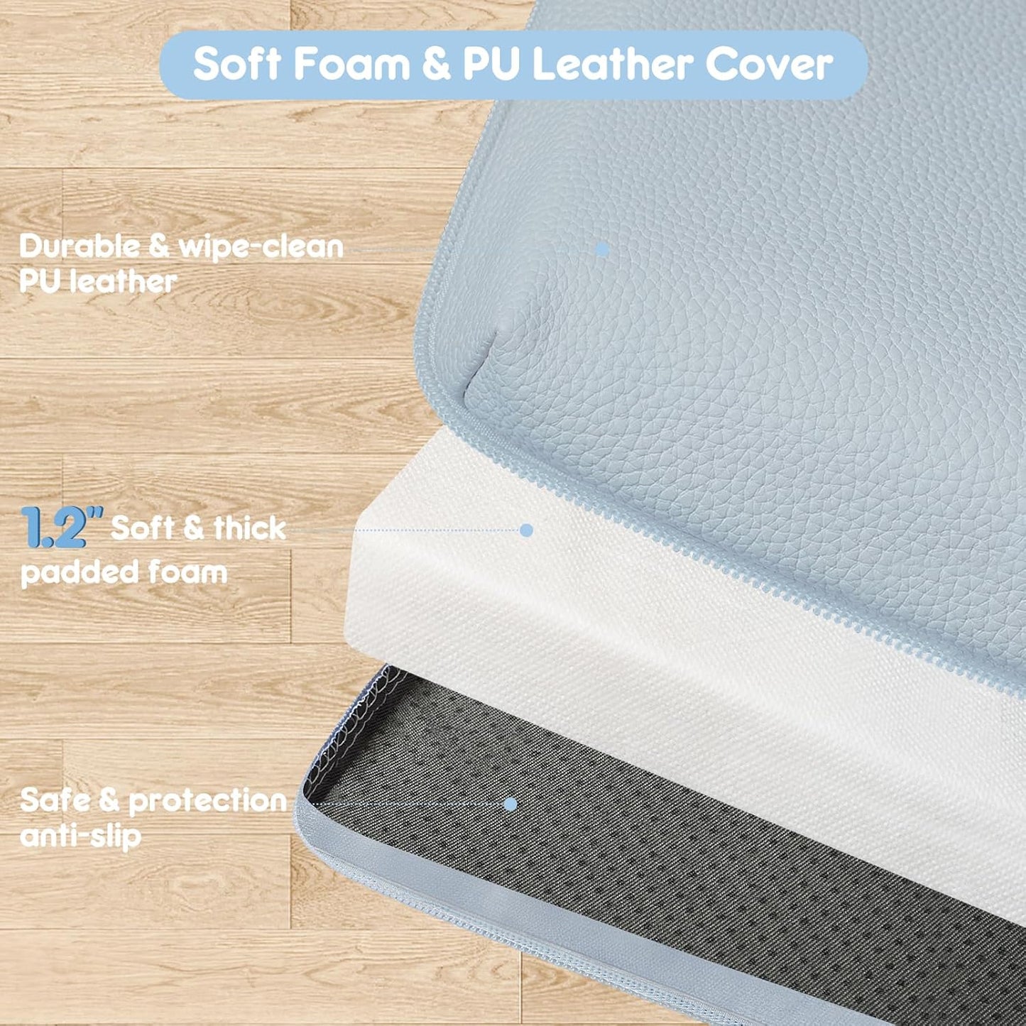 Stylish Padded Baby Play Mat for Your Boy or Girl - Extra Thick & Super Soft Vegan Leather Floor Mat Creates A Safe Play Area for Little Ones - Blue