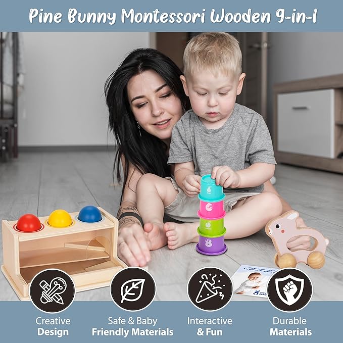 Pine Bunny Montessori Wooden 11-in-1 Toy Set for 10+ Months, Cylinder Block, Push Ball Box, Mirror Puzzle, Stacking Cups Rabbit Rattle Soft Book Educational Learning Color Recognition Fine Motor Toys