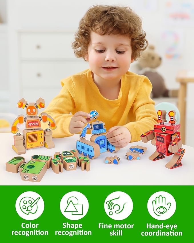 Coogam Fine Motor Building Robot Blocks for 3 4 5 Years Old Kids, Wooden Snap Together Builders, STEM Take Apart Robot Playset, Educational Learning Toy Gift for Boys Girls