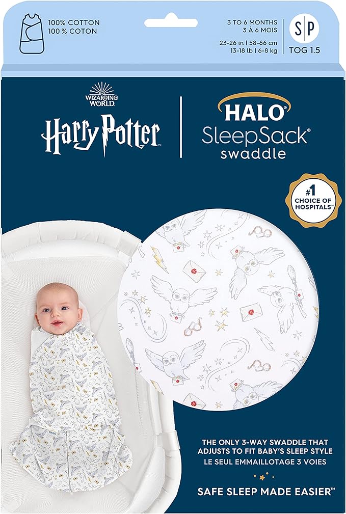 HALO Harry Potter 100% Cotton Sleepsack Swaddle, 3-Way Adjustable Wearable Blanket, TOG 1.5, Harry Potter Messenger, Newborn, 0-3 Months