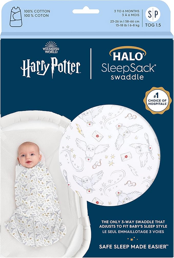 HALO Harry Potter 100% Cotton Sleepsack Swaddle, 3-Way Adjustable Wearable Blanket, TOG 1.5, Harry Potter Messenger, Small, 3-6 Months