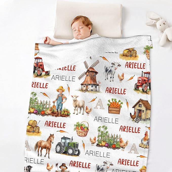 Personalized Custom Baby Blanket with Name - Swaddle Blanket for Toddlers, Infants, Kids, Newborns - Nursery Stroller Crib Decor Throw - Farm Chicken Theme - Birthday Gift