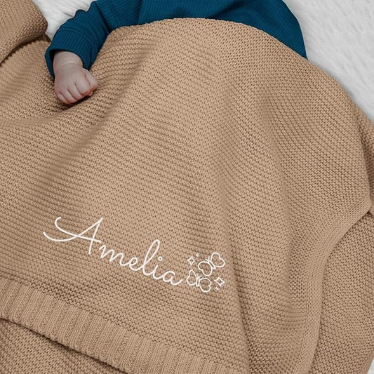 Personalized Baby Blanket, Embroidered Name, 100% Cotton Handmade Custom Blanket, 350GSM Knit Blankets, Newborn Boy Or Girl Baby Gift