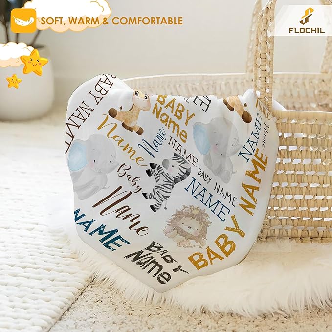 FLOCHIL Personalized Baby Blankets, Custom Baby Blanket - Baby Blanket with Name for Boys, Best Gift for Newborn Elephants Flush Fleece (30x40) (Monogram)