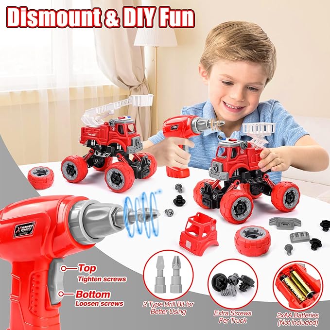 LUDILO 4PCS Fire Truck Toys for 3 4 5 Year Old Boy Birthday Gifts DIY Assembly Take Apart Firetruck with Electric Drill Stem Building Toys Xmas Bday Gifts 3 4 5 6 Year Old Boys Girls Kids Toddler Toys