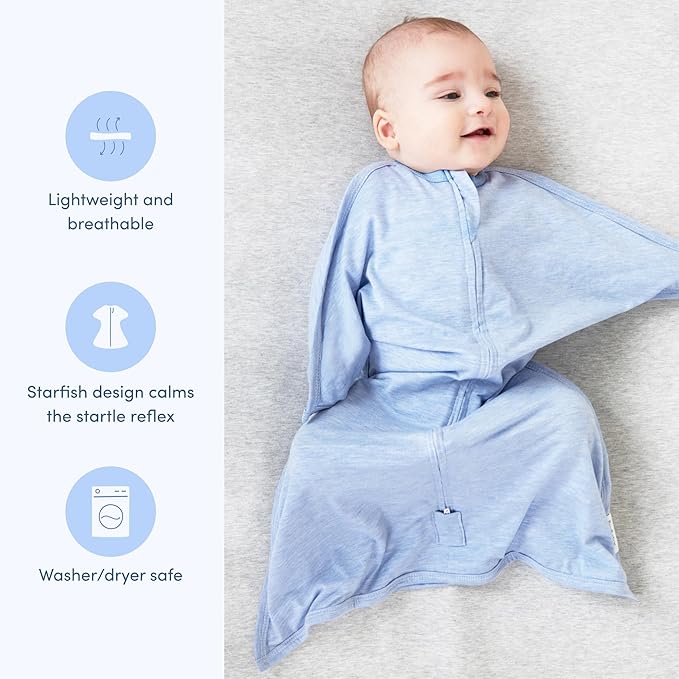 SleepingBaby Zipadee-Zip Transition Swaddle - Cozy Baby Swaddling Blanket with Zipper Convenience - Roomy Wearable Blanket for Easy Diaper Changes - 6-12 Month - Baseline Blue Heather