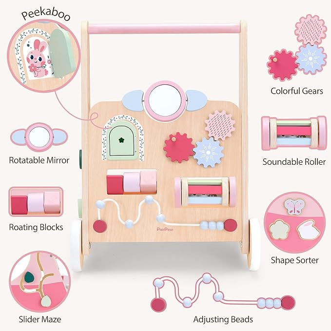 PairPear Wooden Baby Walker Push and Pull Learning Activity Walker, 8-in-1 Montessori Busy Board Push Walker Wooden Activity Center Toys for Boys and Girls 12m+ （Pink Rabbit）
