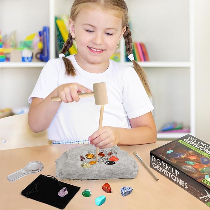 LotFancy Gemstone Dig Kit, Excavate 20 Real Gems, Science Kit for Kids Age 8-12, Educational Toy, Birthday Gift for Boys Girls with Mining Tools