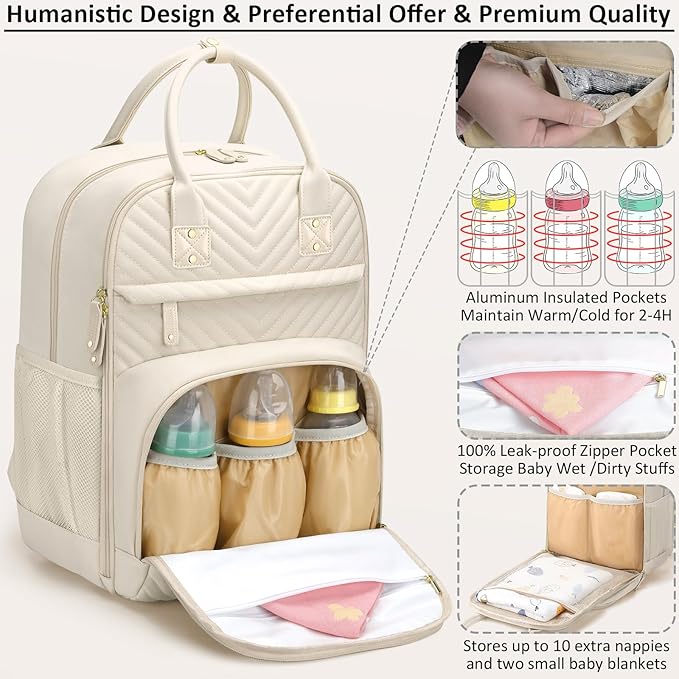 Diaper Bag Backpack for Women with Changing Pad, Baby Bag with Insulated Pockets Multifunctional Diaper Bags For Baby Girl Boy Waterproof Baby Bags For Boys Girls Maternity Bag Beige