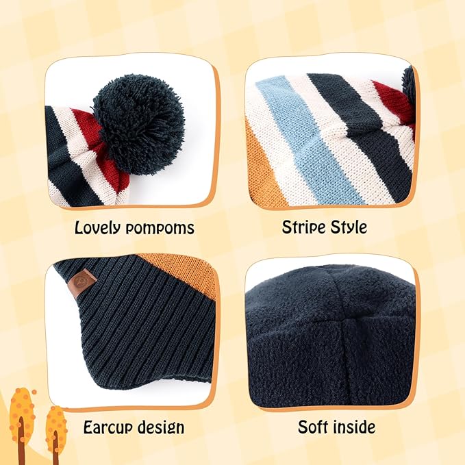 Duoyeree Kids Beanie Hat for Boys Girls Pom-pom Kint Hats Cozy Lining Winter Skull Cap