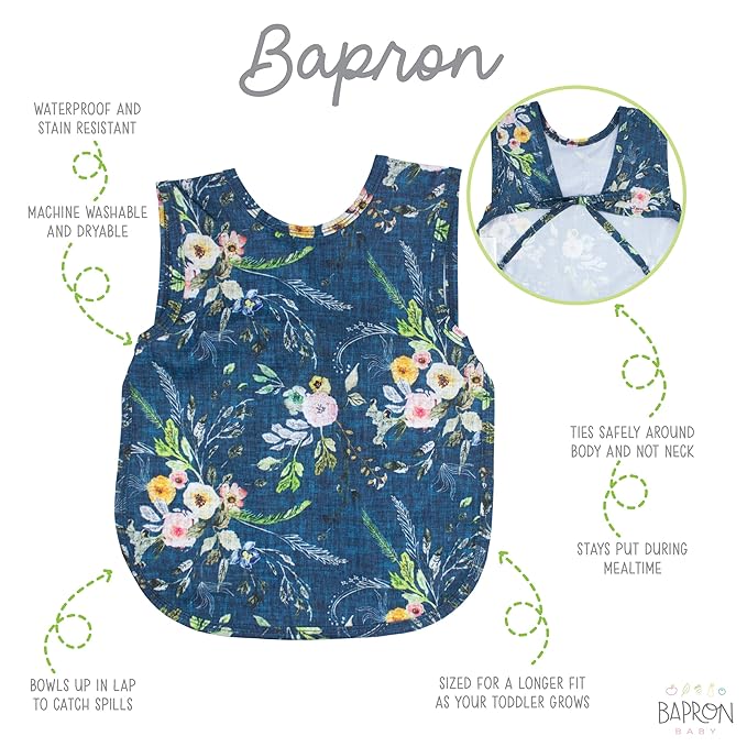 BapronBaby Boho Floral Bapron - No Neck Tie Safer Bib for Baby & Toddler - Soft Waterproof Stain Resistant - Machine Washable - Sz Preschool 3-5yrs