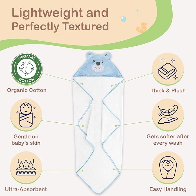 Mother's Choice Organic Baby Hooded Towel - Large Size, Cotton, Ultra-Soft & Absorbent Bath Towel for Newborns, Infants, Toddlers, Boys & Girls with Animal Hood (Blue Bear)