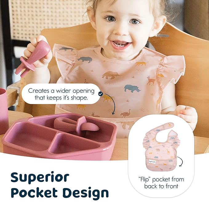 Tiny Twinkle Mess Proof Baby Bibs for Eating – Waterproof, Wipeable Toddler Bibs with Pocket – Baby Food Bibs for Girls & Boys(3 Pack,Petite Safari)