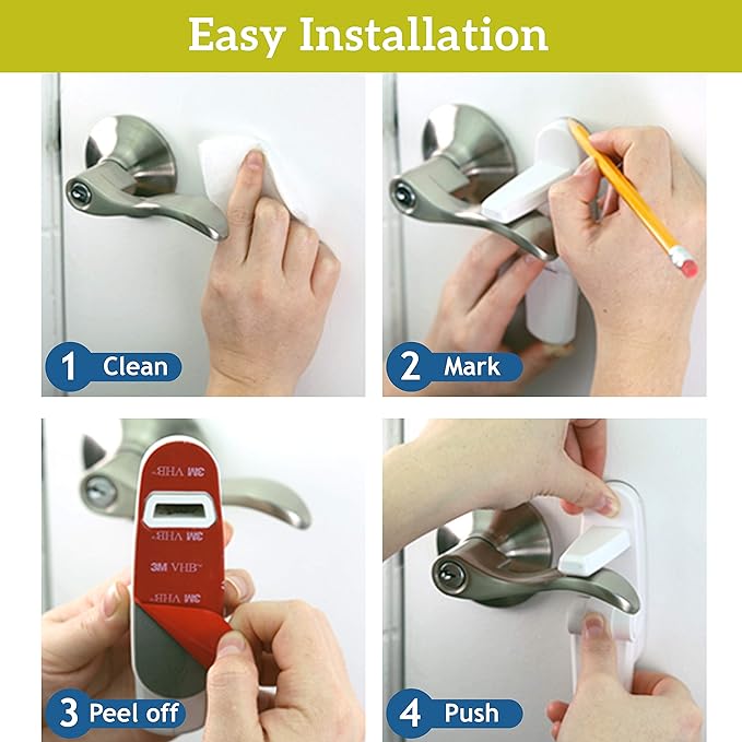 Door Lever Lock (6 Pack) Prevents Toddlers from Opening Doors. 3.25" L * 1.5" W * 4.5" H Easy One Hand Operation for Adults. Durable ABS with 3M Adhesive Backing. Simple Install, No Tools Needed.