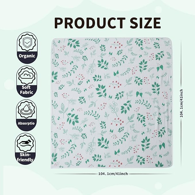 Muslin Swaddle Blankets for Newborn, 2 Pack Breathable Soft Receiving Blanket, Large 41 x 41 inches Swaddle Wrap Burping Clothes, Essentials Infant Shower Items. (Green & Leaves)