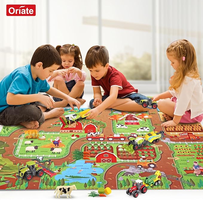 Oriate Farm Tractor Toys Vehicle with Animals & Activity Play Mat, 38Pcs Educational Realistic Kid's DIY Diecast Set, Kids Tractors Trailer Sprayer Cow Animal Toy Birthday Gift