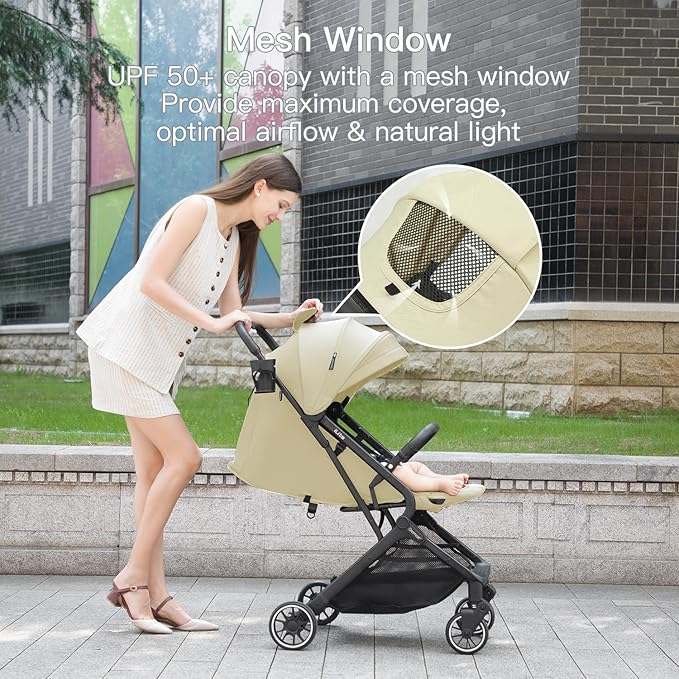 Compact Fold Baby Stroller, Lightweight Travel Toddler Stroller with One-Click Fold, Extendable UPF50+ Canopy, Cup Holder, UV Protected and Waterproof, One-Hand Folding - Beige