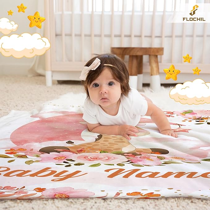 FLOCHIL Personalized Baby Blanket for Girls, Custom Baby Blanket with Name, Customized Baby Products, Gift for Baby, Newborn, Baby Shower (Giraffe)