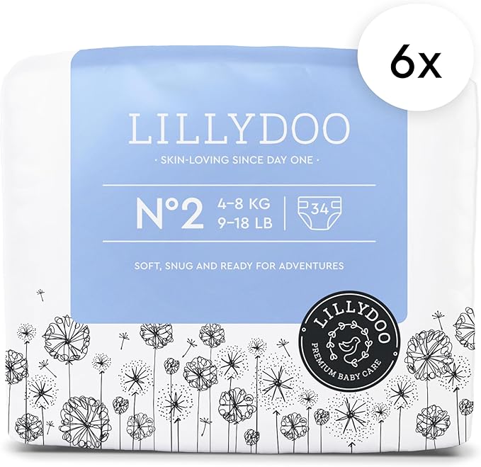 LILLYDOO Baby Diapers - Size 2 (9-18 lbs), Monthly Supply (204 Count), Leak Protection, Skin-Friendly, Ultrasoft, Perfume- & Chlorine-Free, Hypoallergenic, Dermatologist Tested, Oeko-TEX®